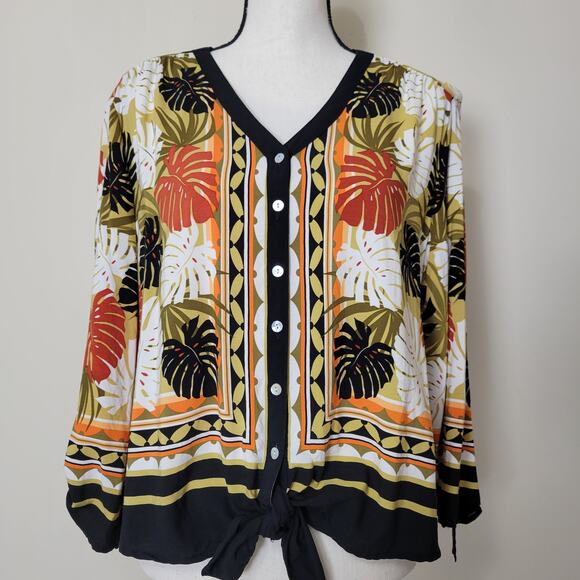 Ruby Road PXL Tie Front Blouse 3/4 Tab Sleeve V-Neck 6 Button Front Tropical - Picture 1 of 16